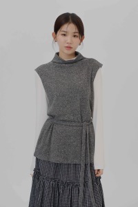 立領寬版混色針織背心(含綁帶)