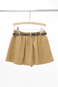 絨面抓摺澎擺短裙(含皮帶)