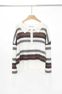 (預)配色橫紋開釦翻領毛衣