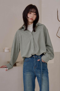 內抓摺立領假兩件襯衫