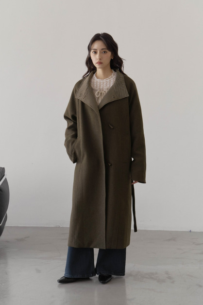 內格紋拼接羊毛大衣