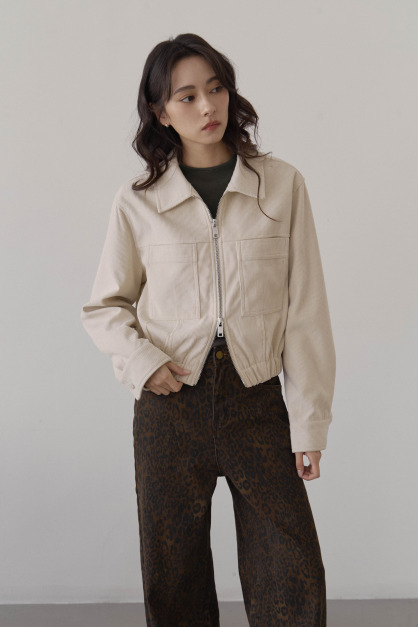 坑條絨面拉鏈短夾克