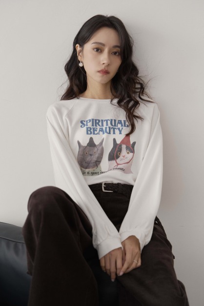 戴帽貓咪畫磨毛TEE