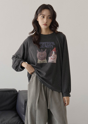 戴帽貓咪畫磨毛TEE