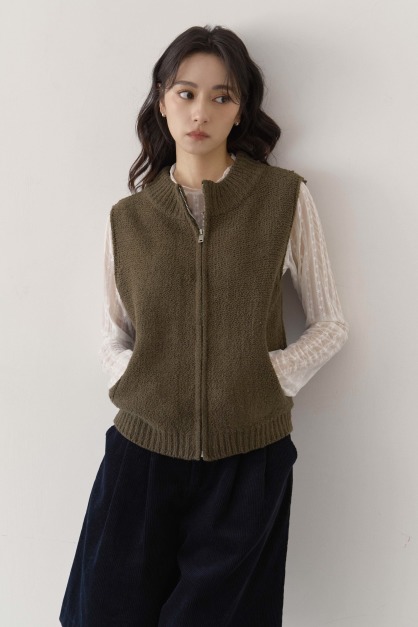 顆粒紋圓領拉鏈背心