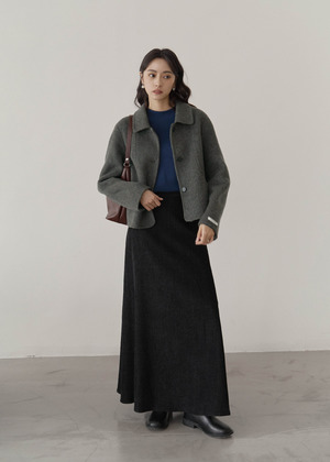 弧口袋羊毛短大衣