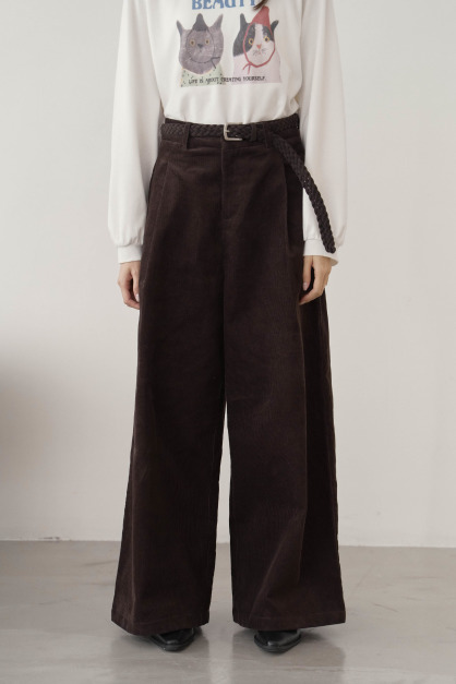 編織皮帶壓褶燈芯絨寬褲