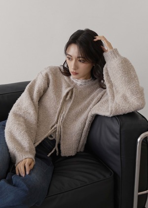 (預)顆粒感澎袖綁帶短罩衫