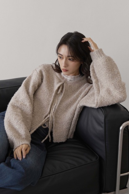 顆粒感澎袖綁帶短罩衫