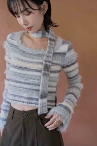 (預)羽毛橫紋拼接綁帶針織衣