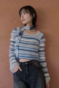 (預)羽毛橫紋拼接綁帶針織衣