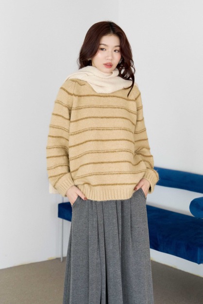 配色間隔條圓領毛衣