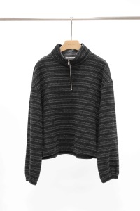 半拉鏈橫紋磨毛上衣