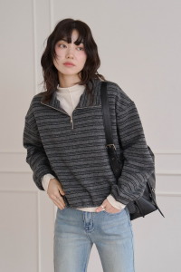 半拉鏈橫紋磨毛上衣