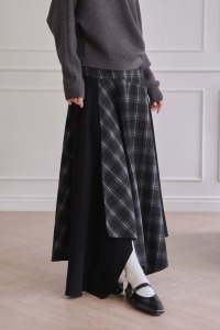 (預)格紋拼接不規則長裙