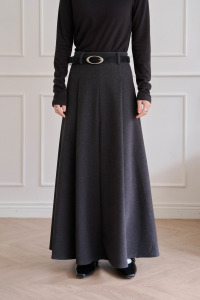 (預)壓褶傘擺毛呢長裙