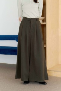 厚毛呢壓褶寬擺長褲