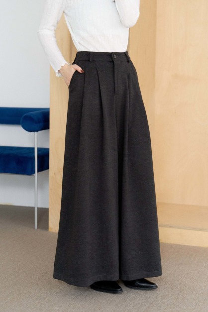 厚毛呢壓褶寬擺長褲