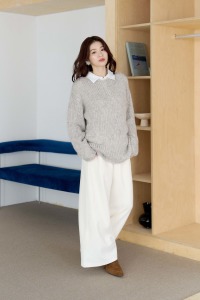 顆粒紋側弧線寬褲