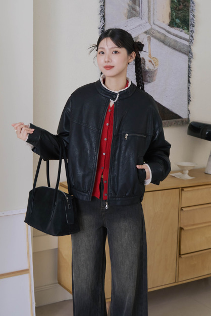 內刷絨立領皮革夾克