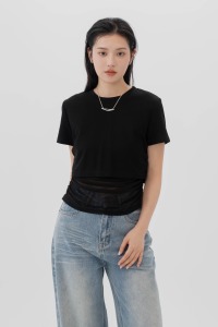 網紗拼接素面TEE