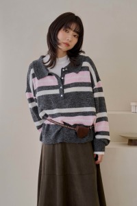 配色橫紋開釦翻領毛衣