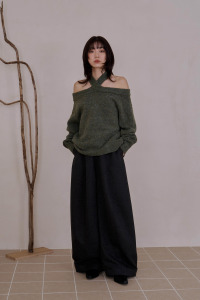 (預)交叉露肩混色毛衣