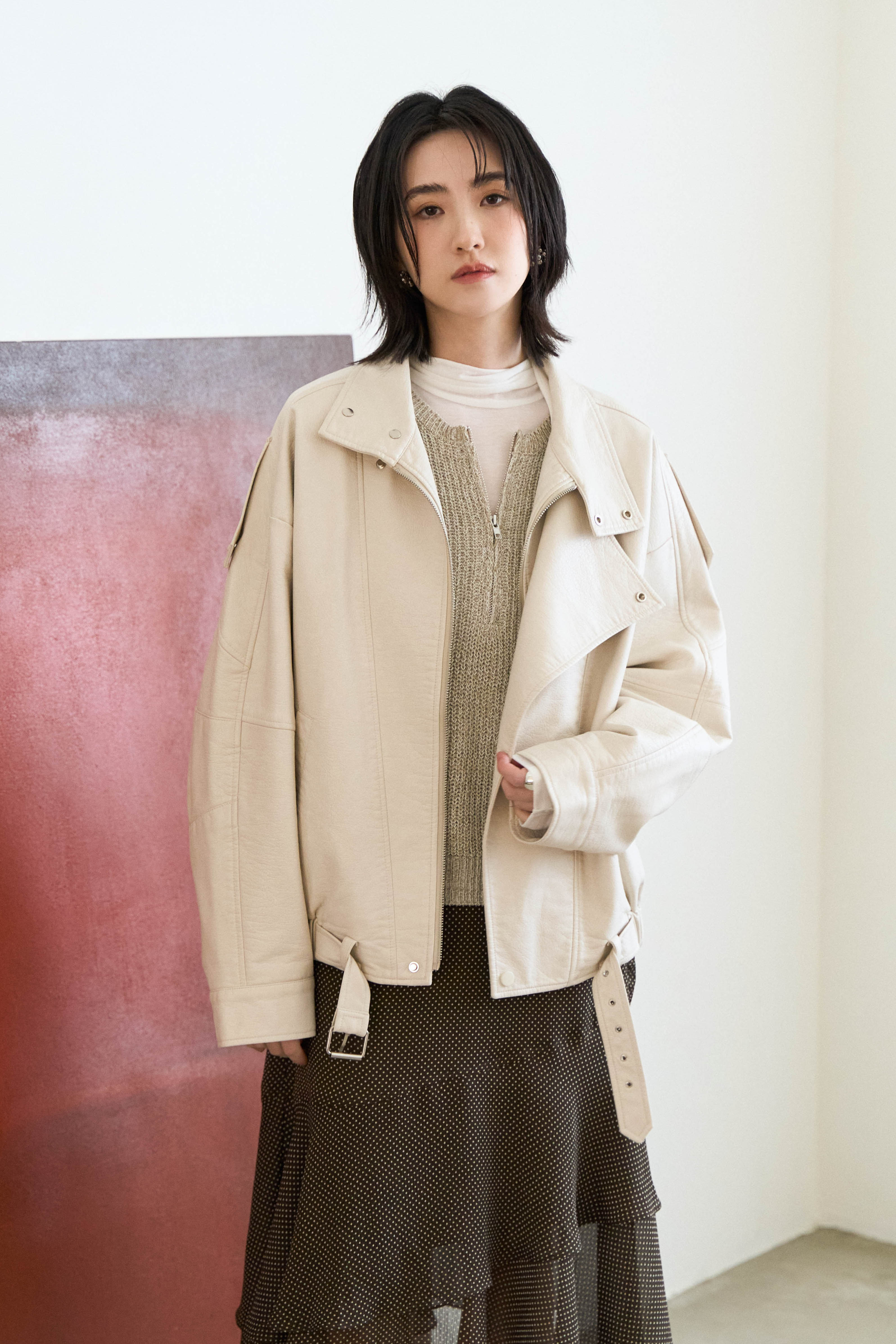 側釦立領寬鬆皮革外套