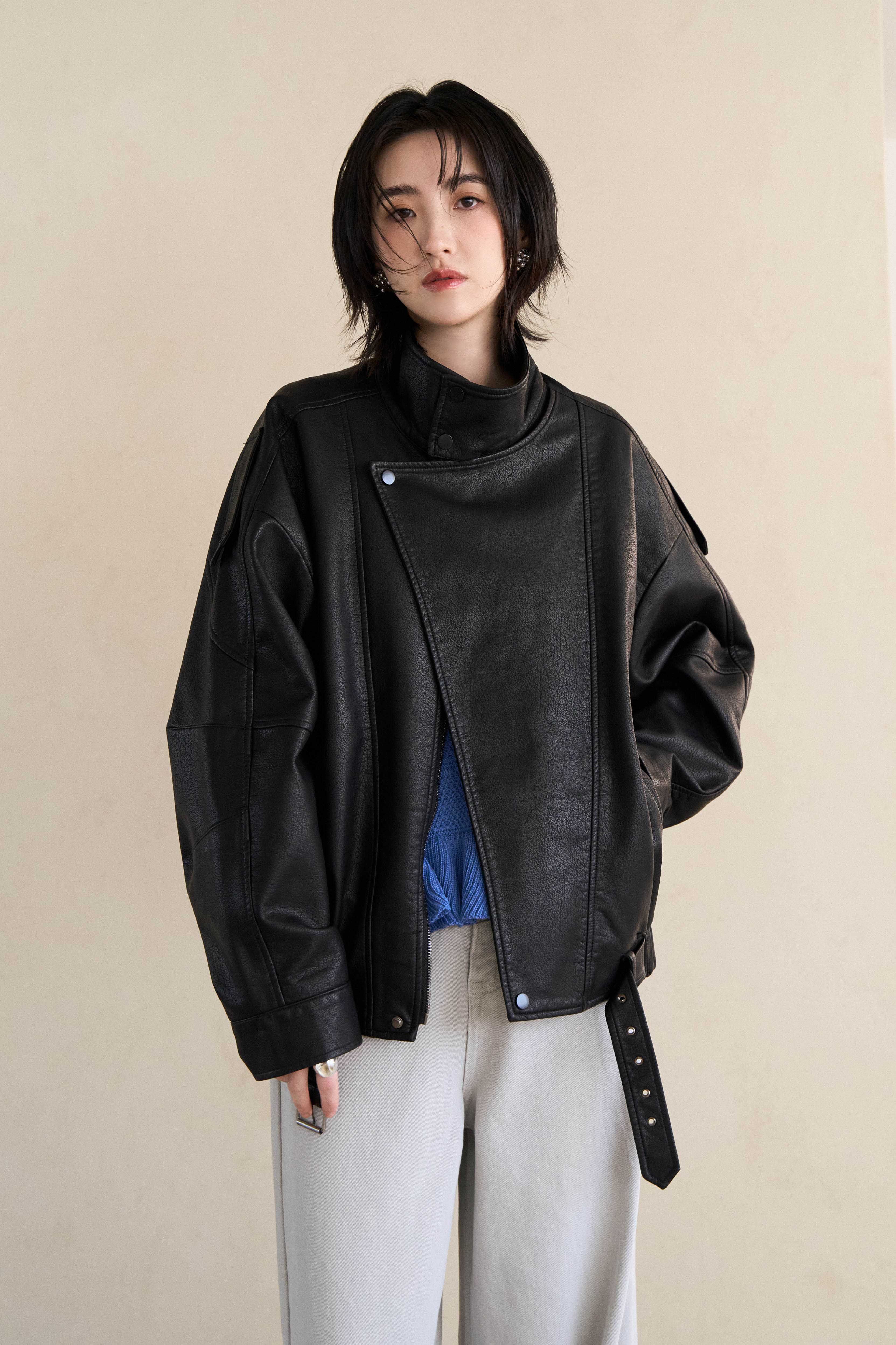 側釦立領寬鬆皮革外套