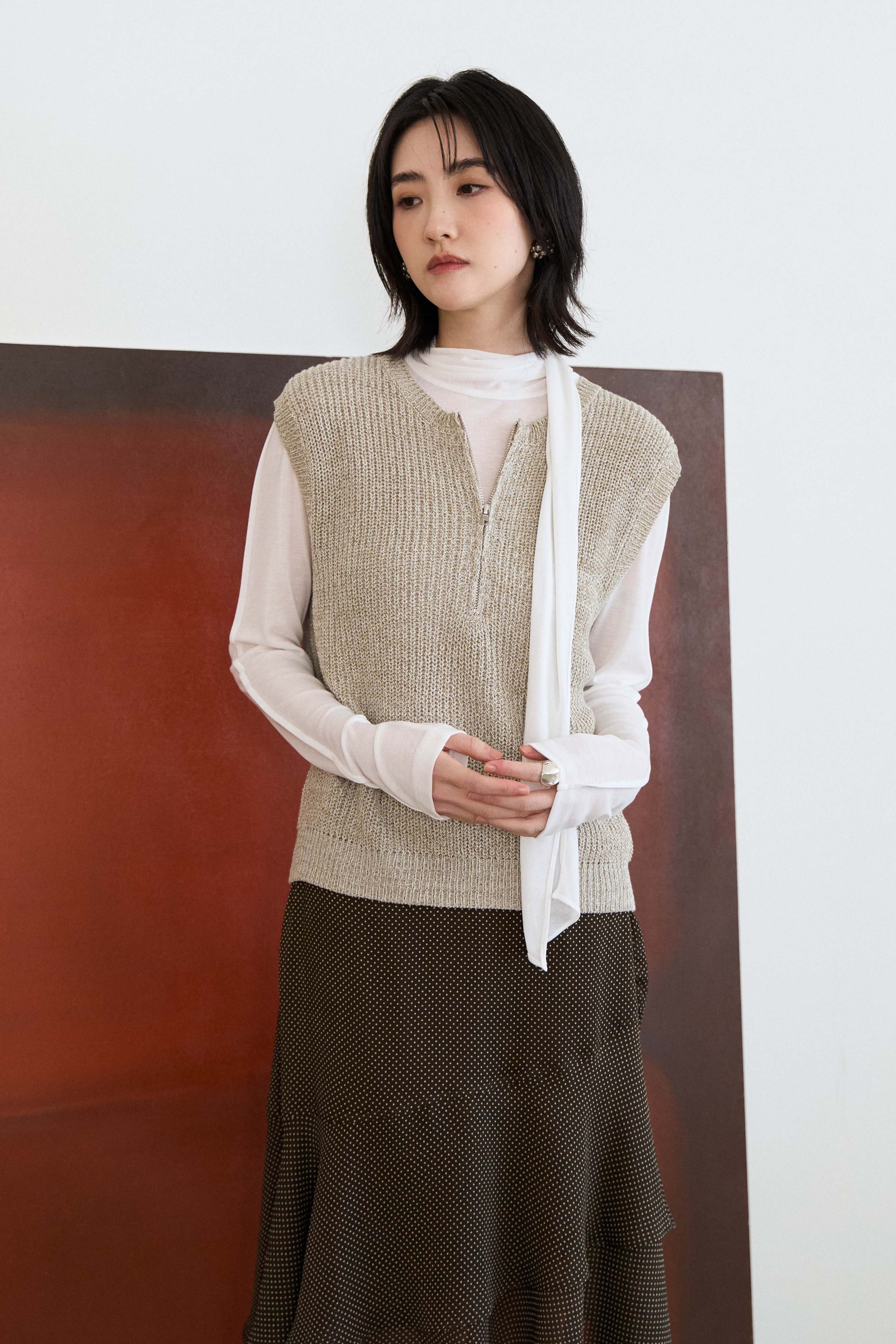 開襟半拉鏈細織背心