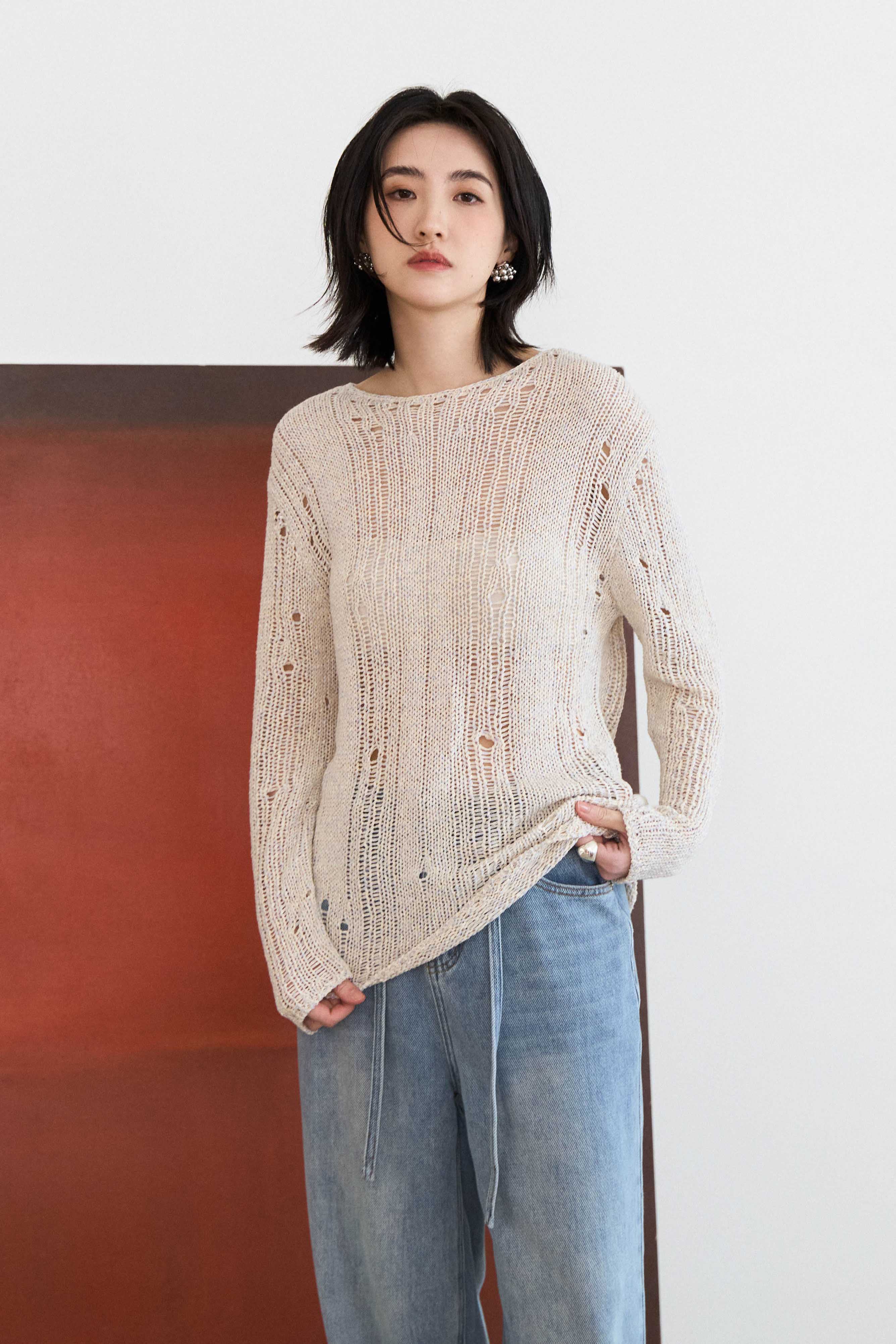 簍空刷破感混色修身毛衣