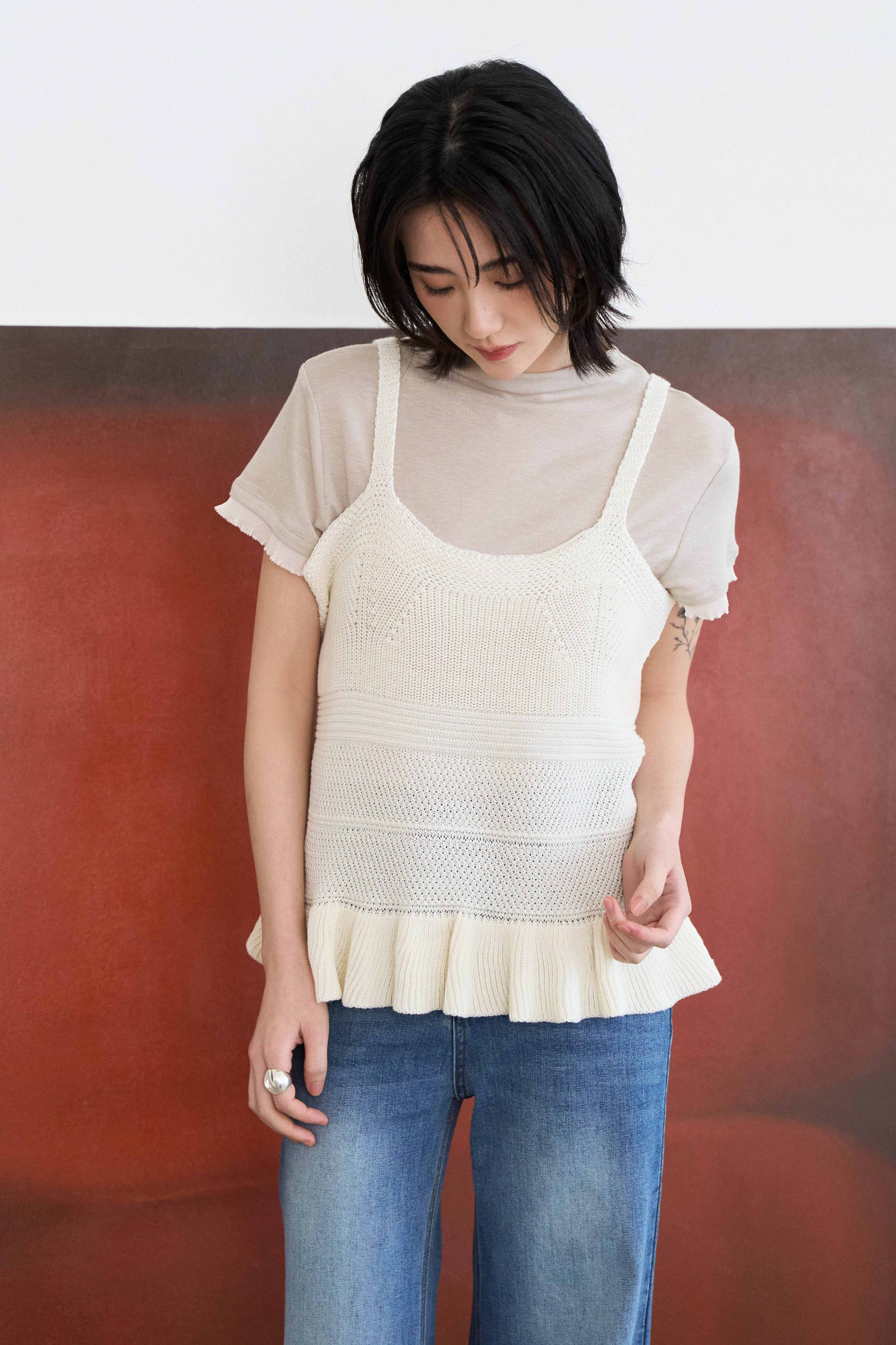 荷葉傘擺細肩針織背心