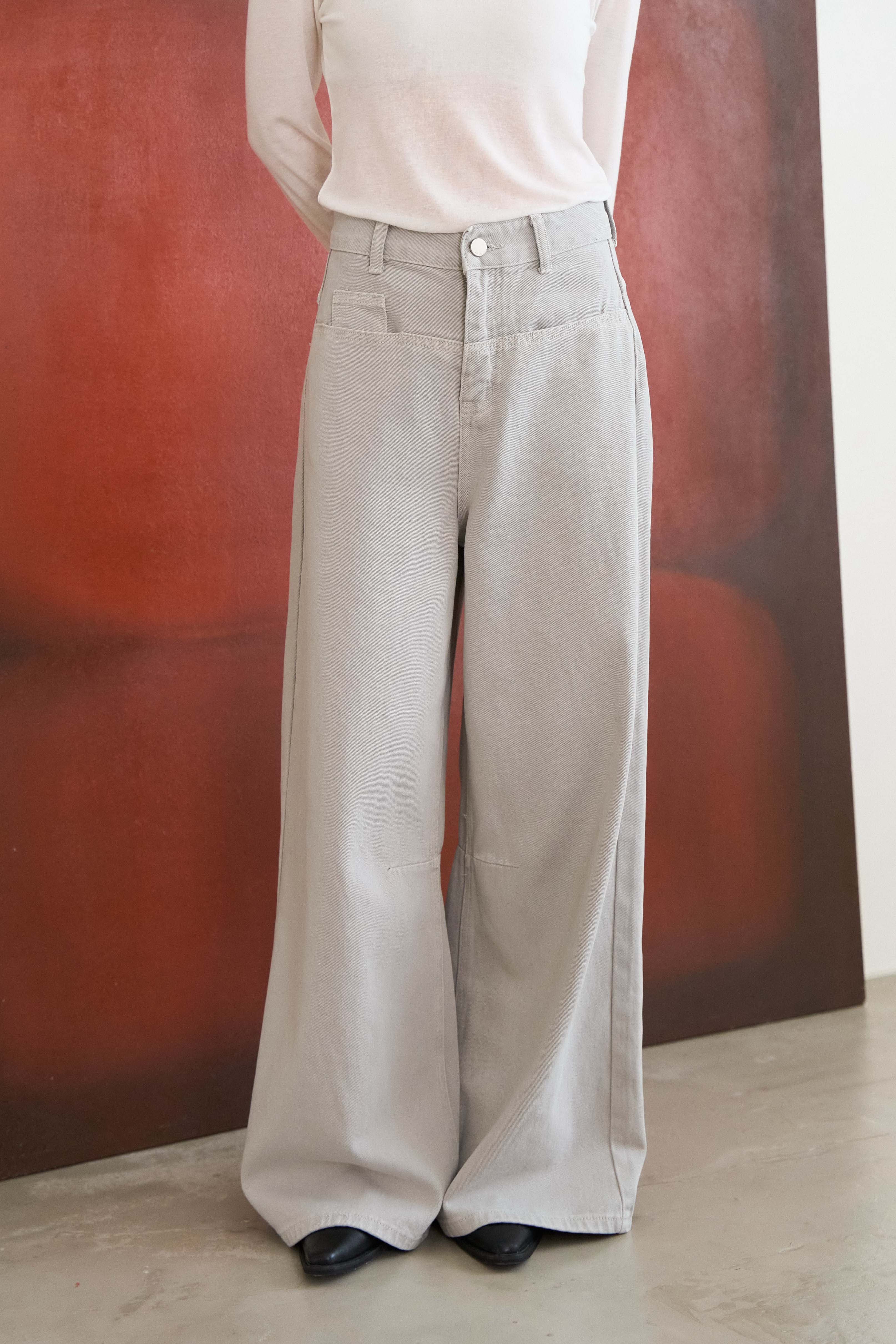 橫口袋寬鬆直筒丹寧褲