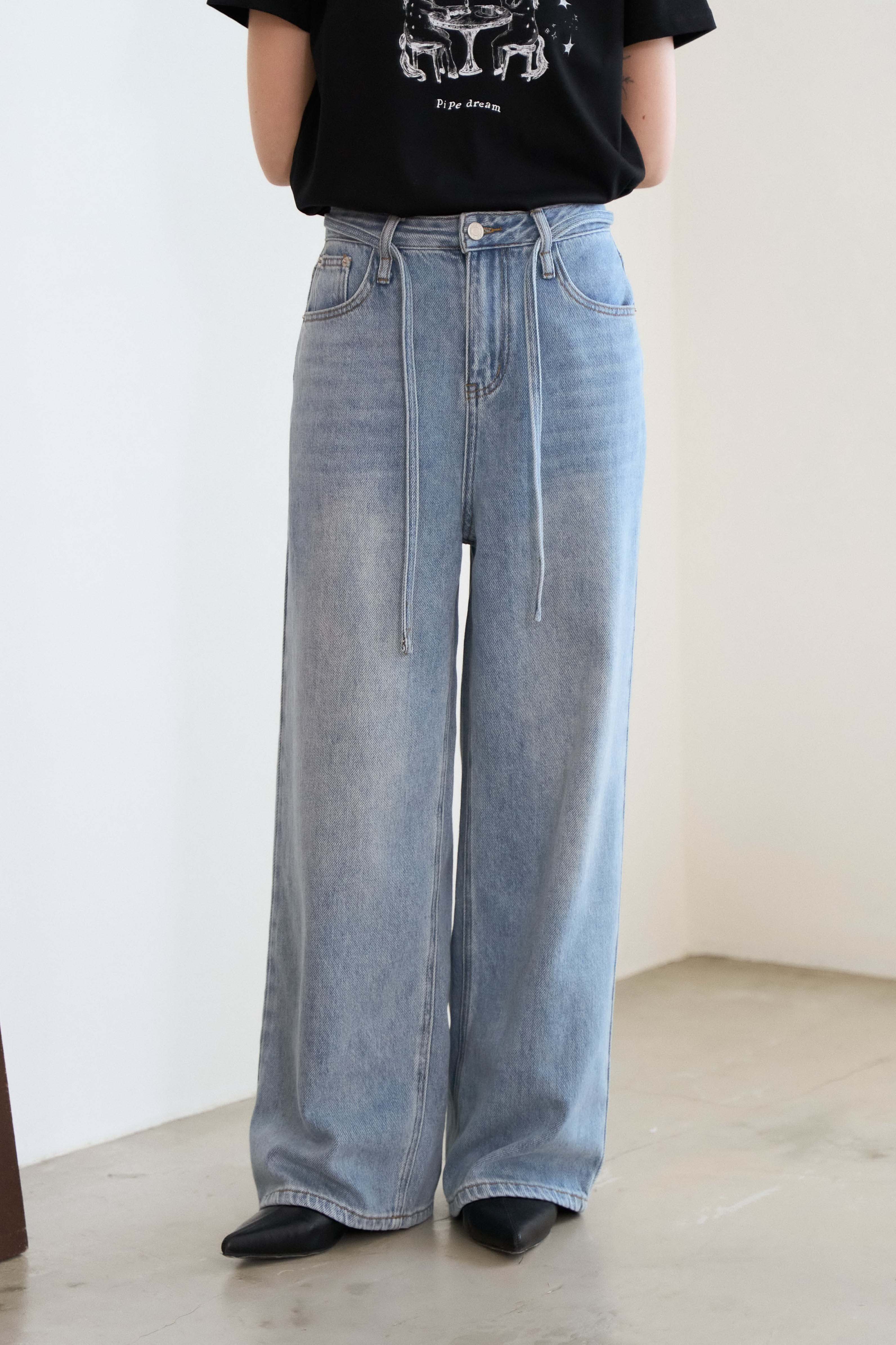 隨性綁帶寬鬆牛仔褲