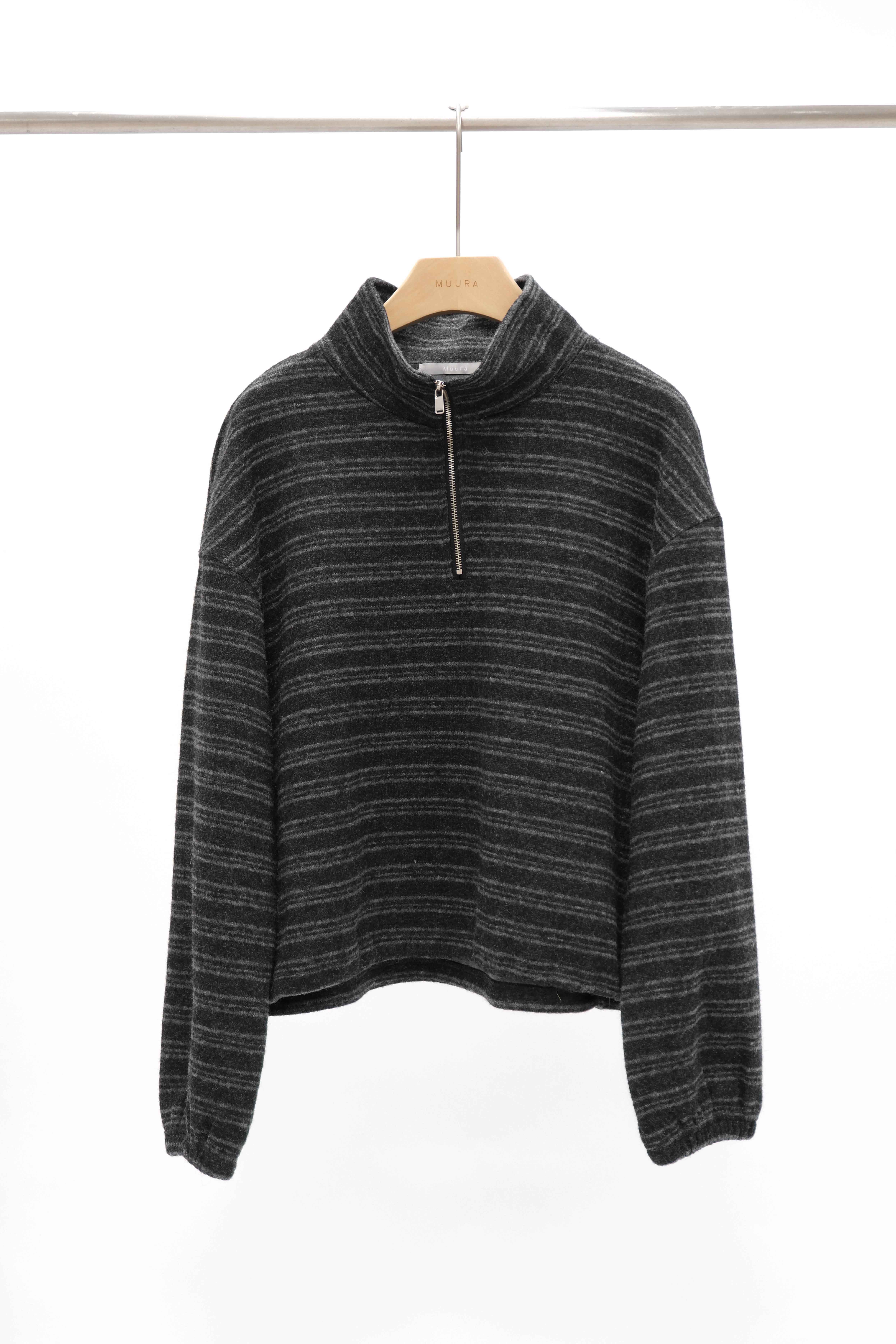 半拉鏈橫紋磨毛上衣