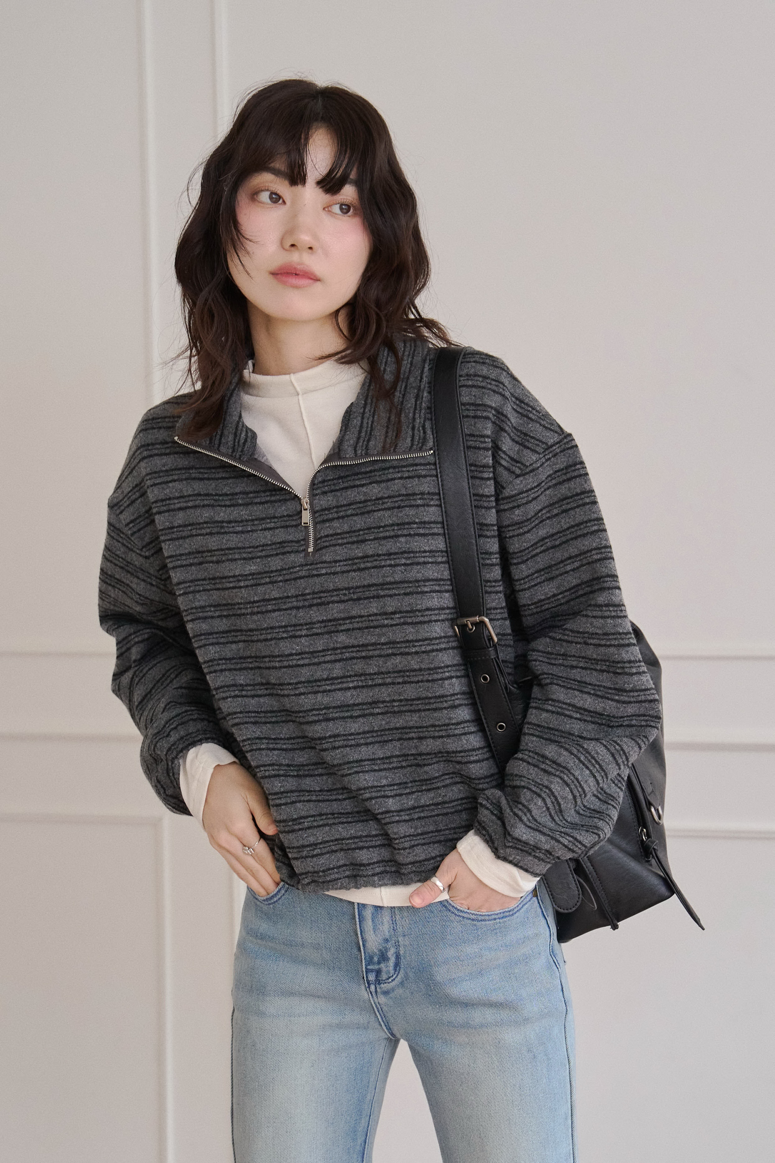半拉鏈橫紋磨毛上衣
