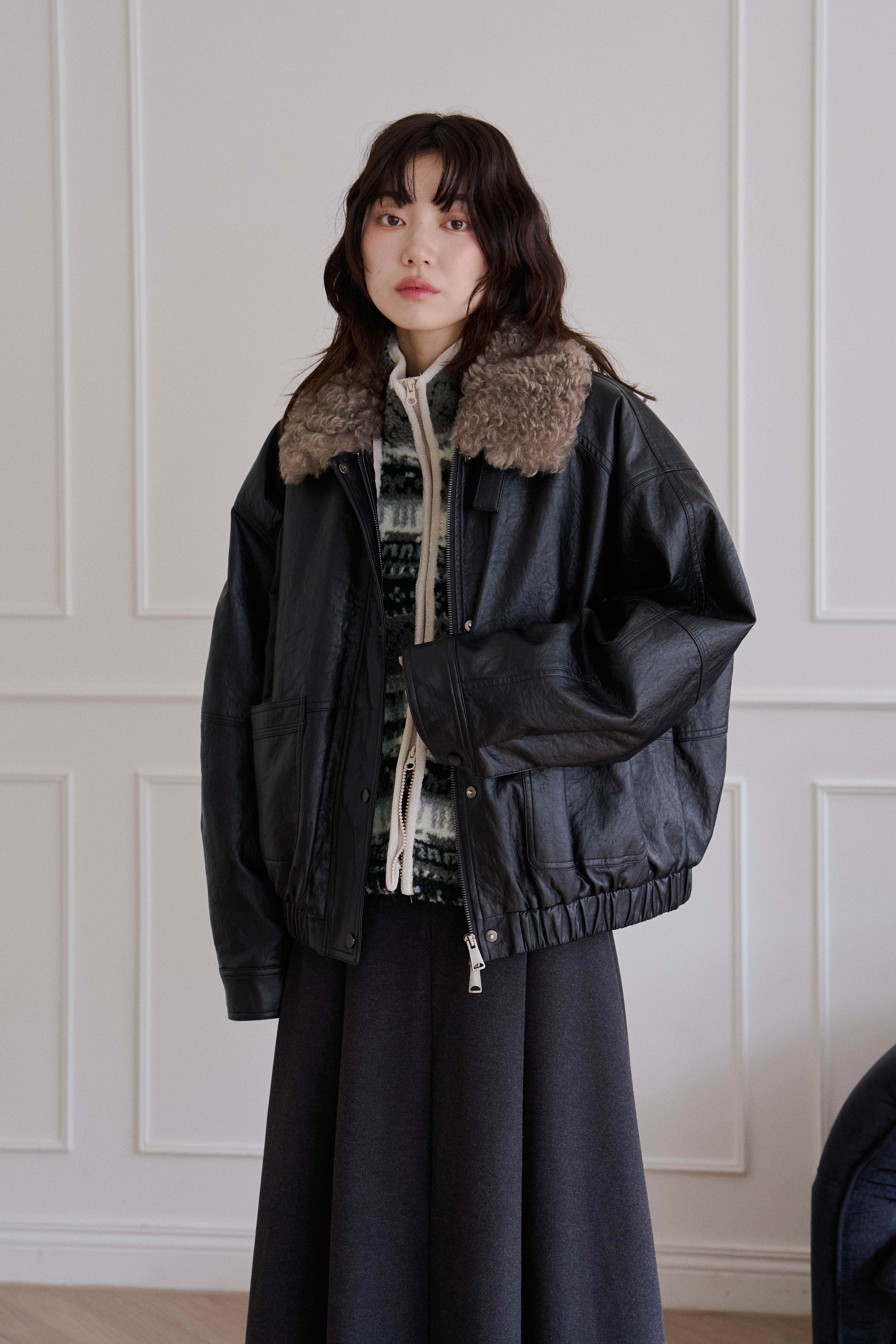 捲捲毛拼接皮革外套