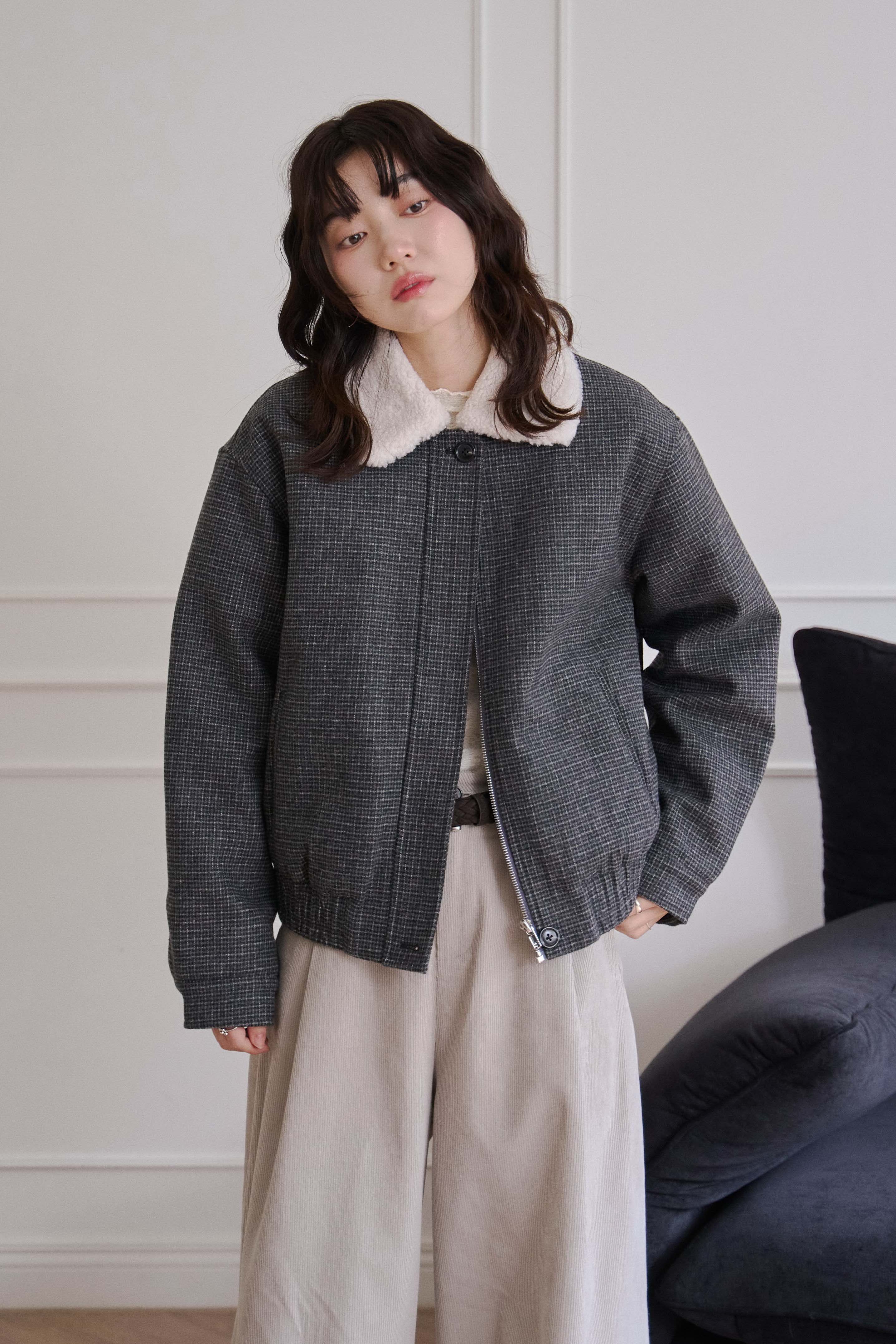 細格紋羔毛領夾克