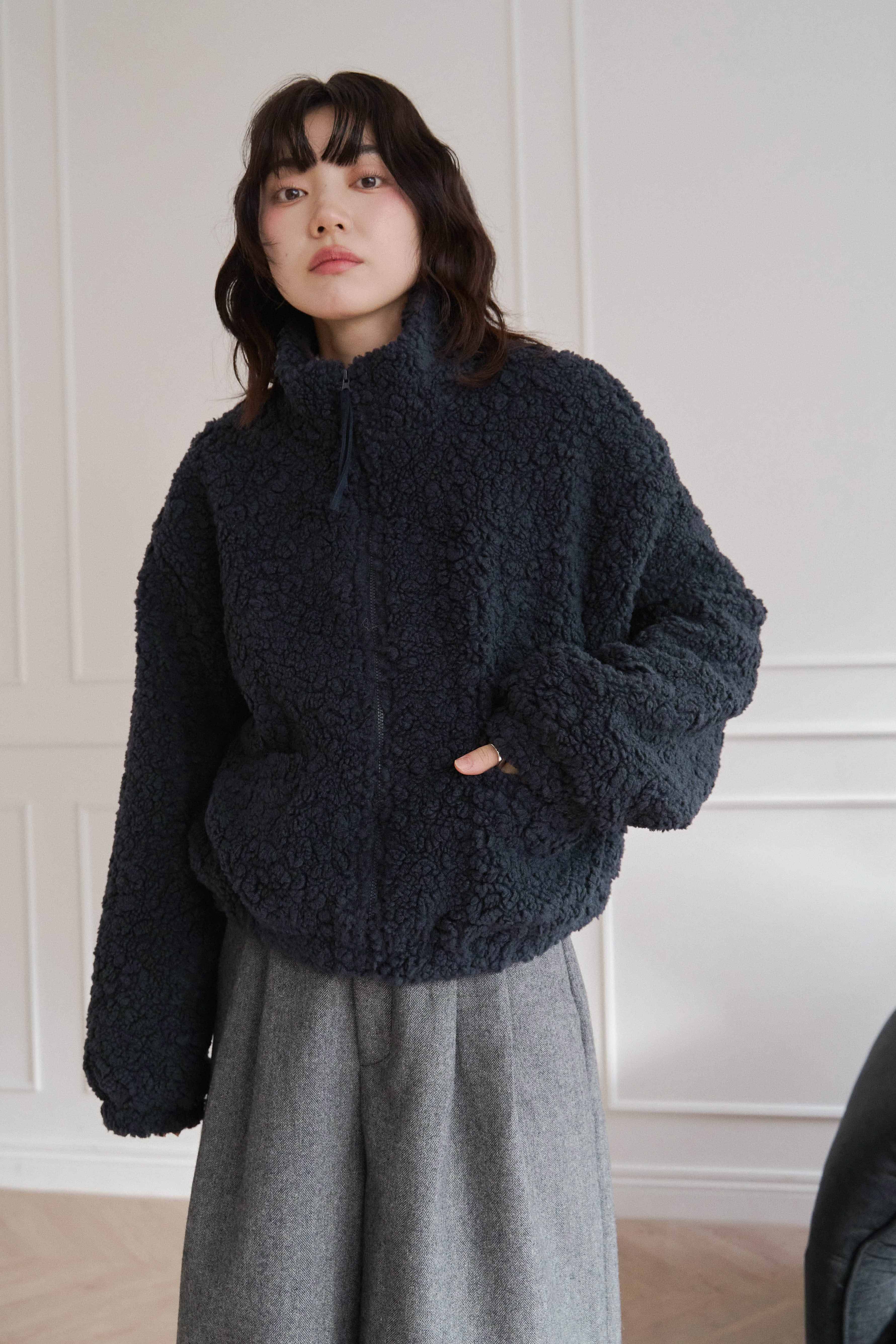 捲捲毛絨立領拉鏈外套