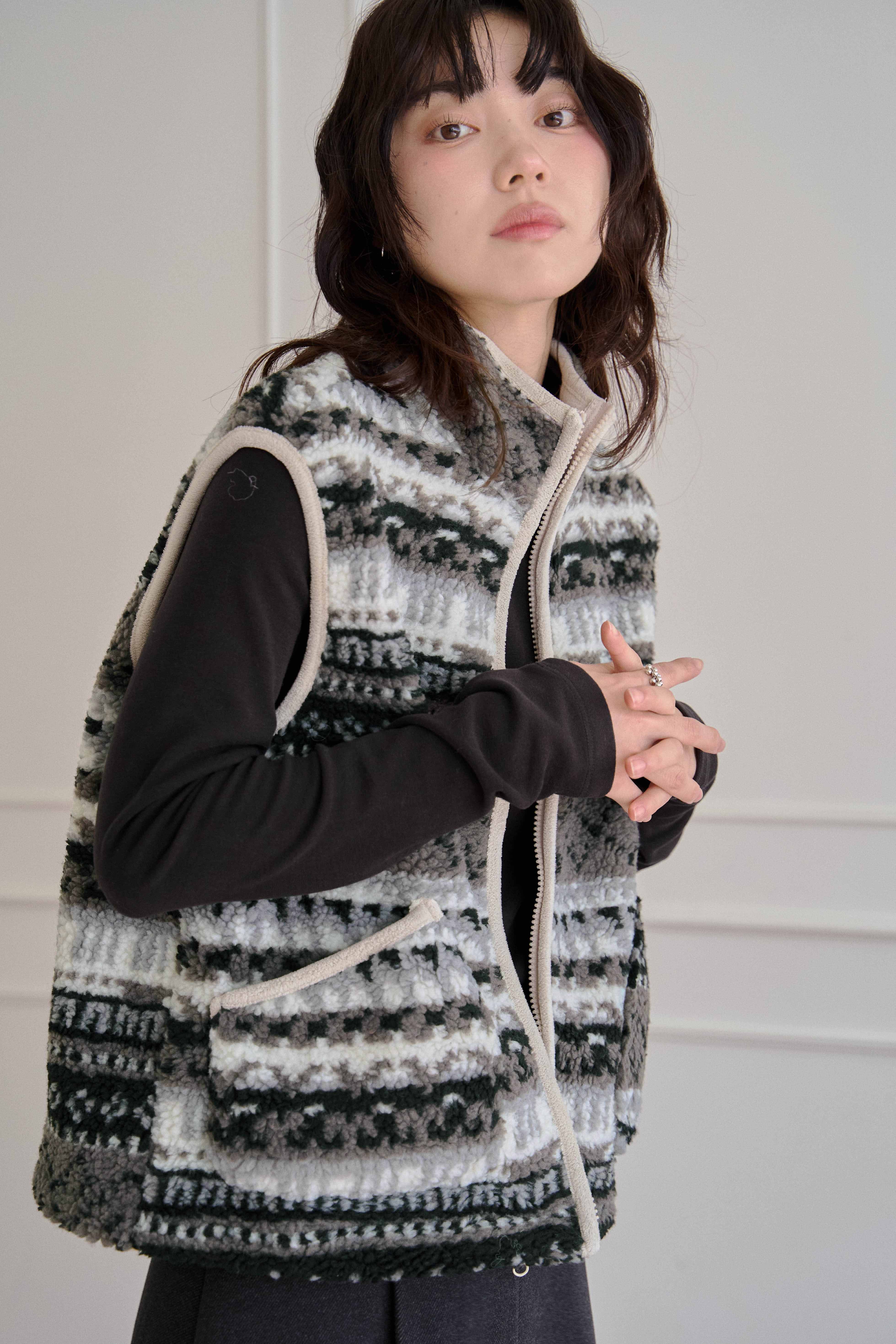 圖騰羊羔毛拉鍊背心