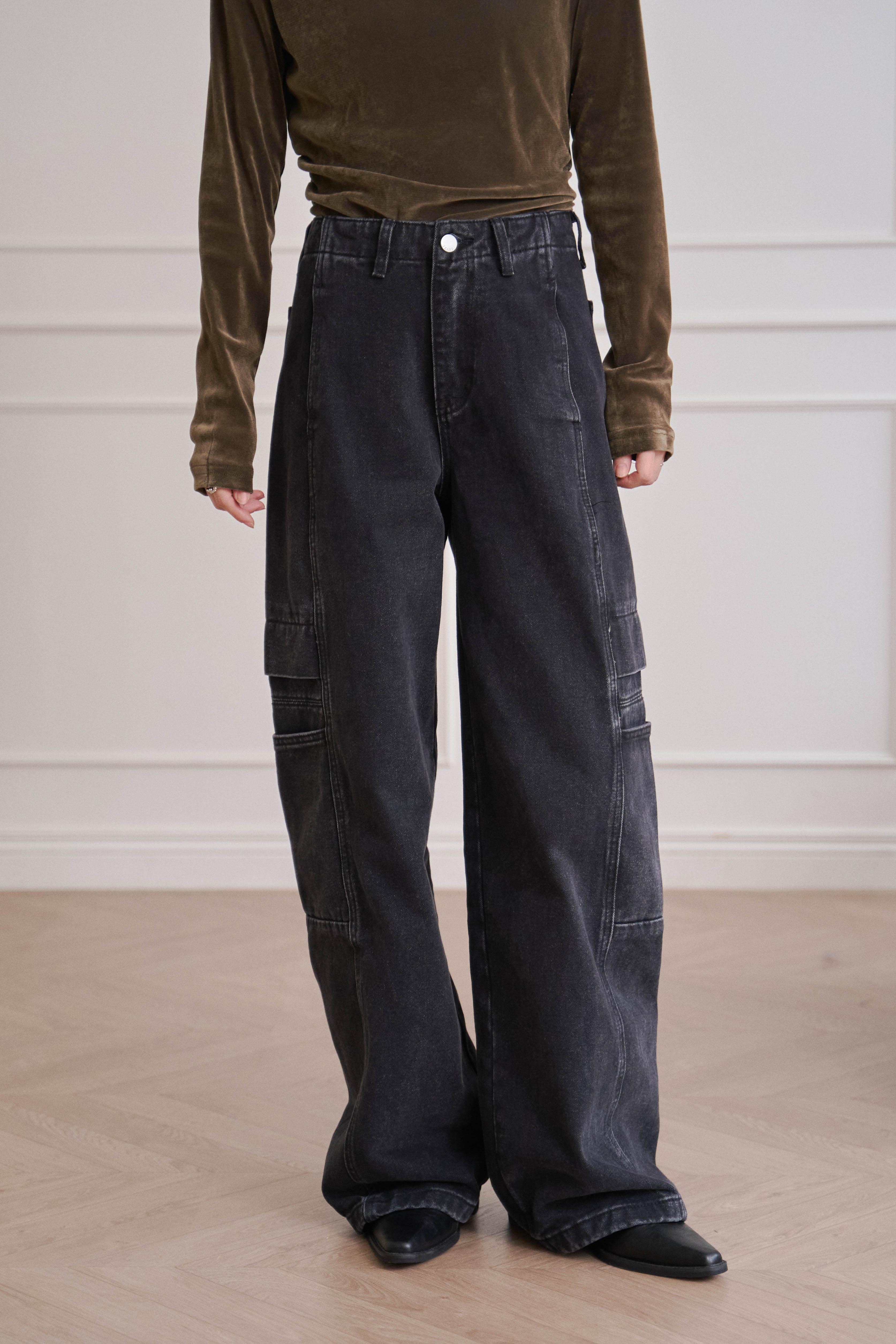 洗舊感刷白車線工裝褲