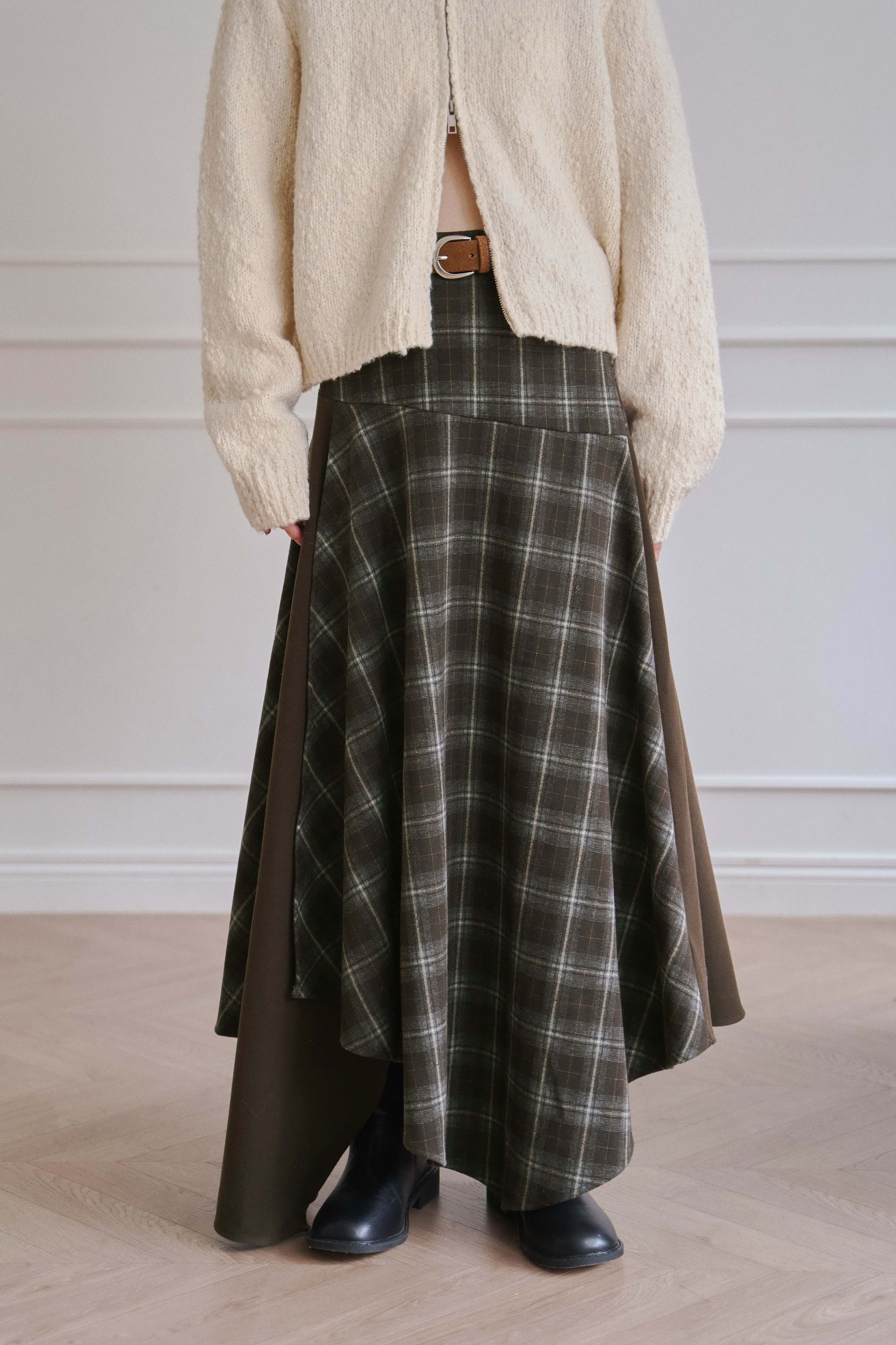 格紋拼接不規則長裙