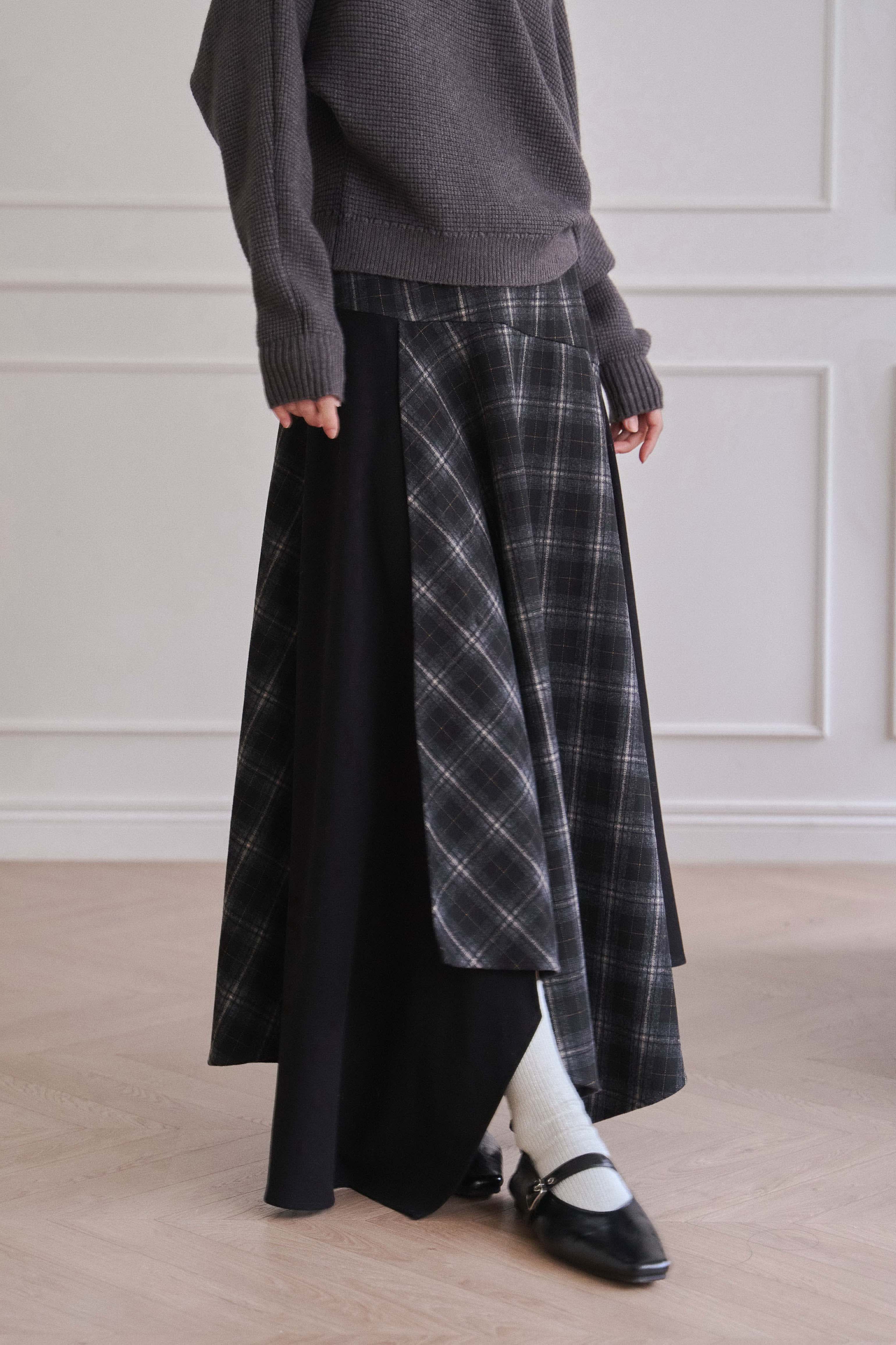 (預)格紋拼接不規則長裙