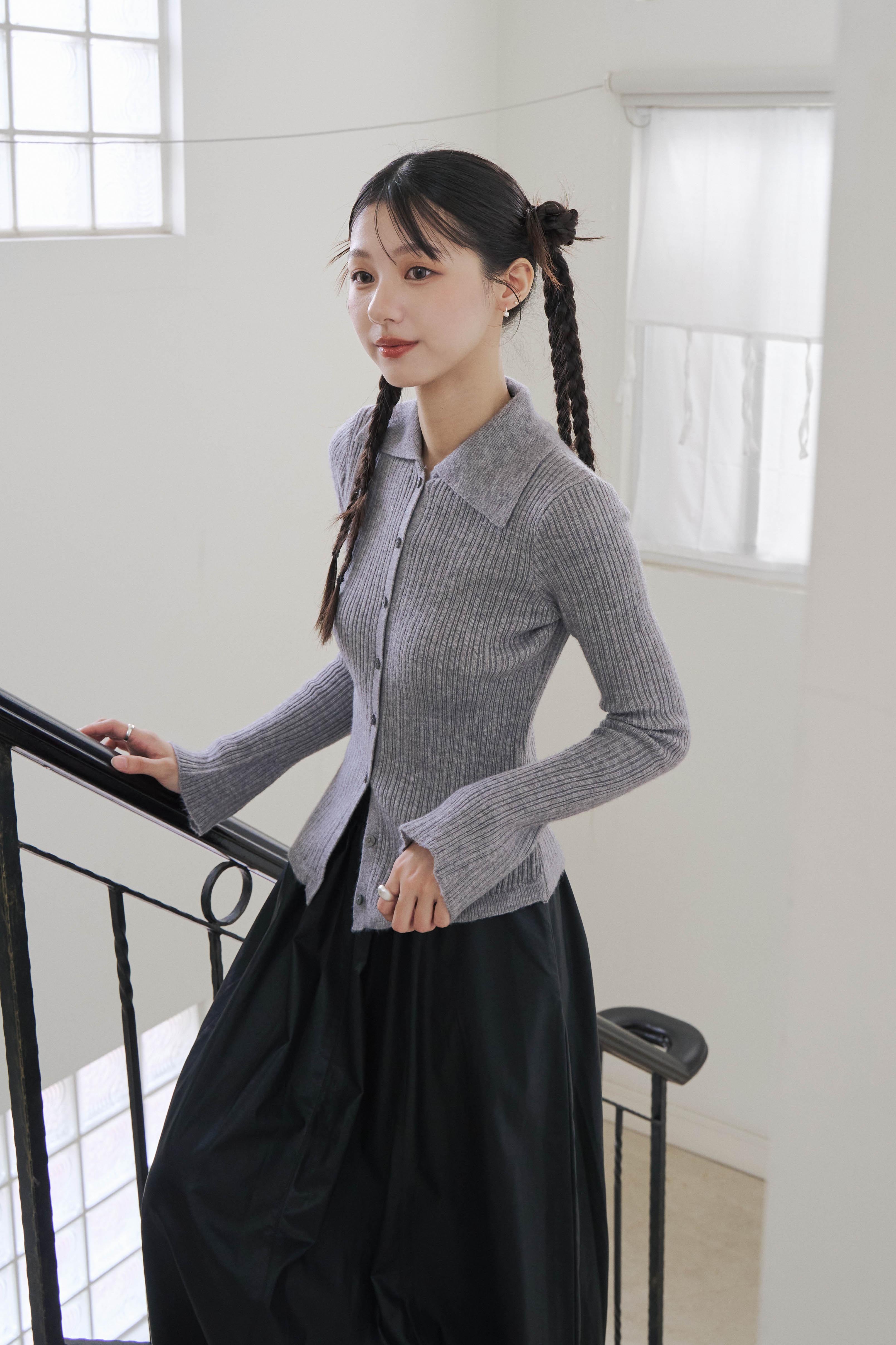 坑紋排釦翻領針織衣