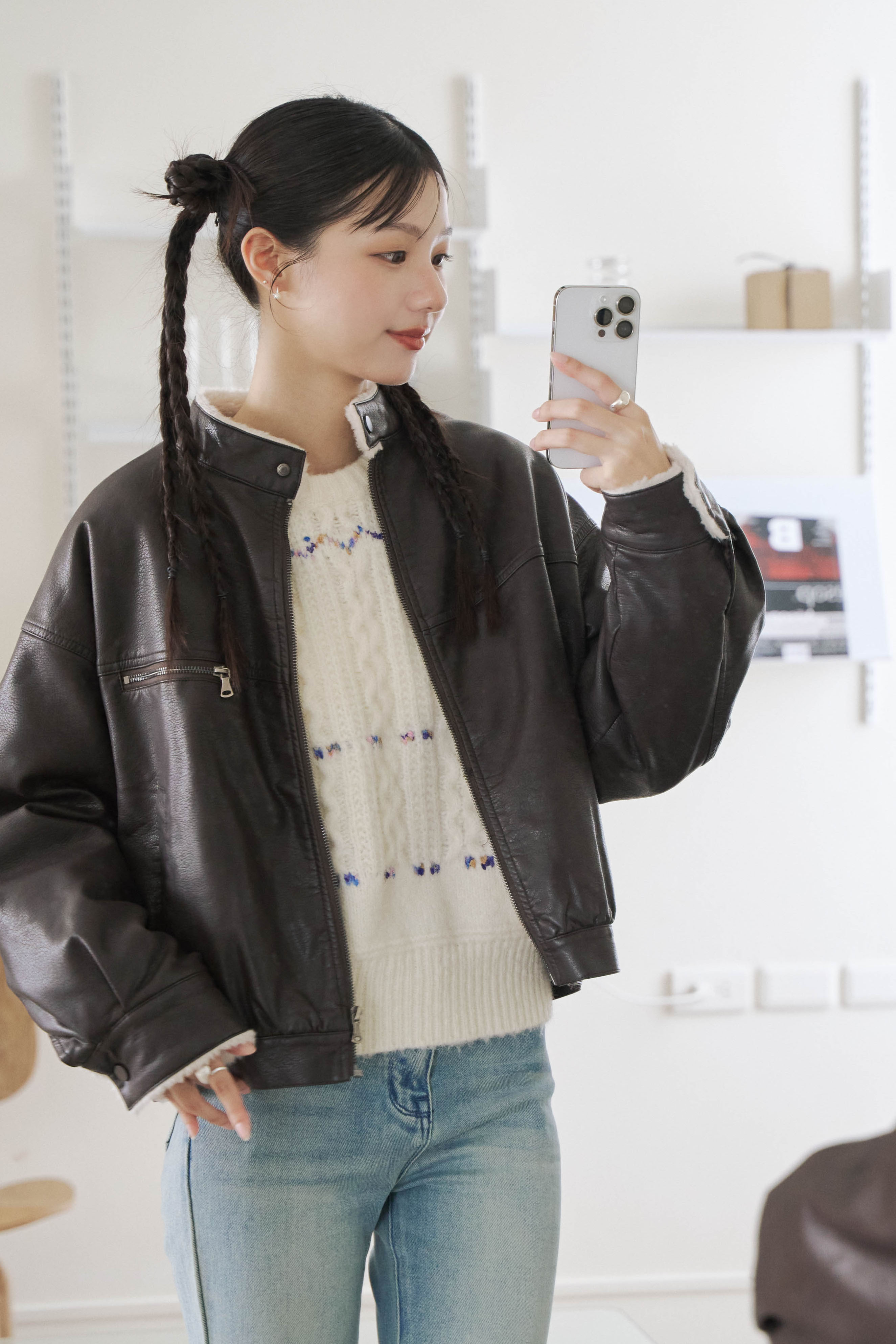 內刷絨立領皮革夾克