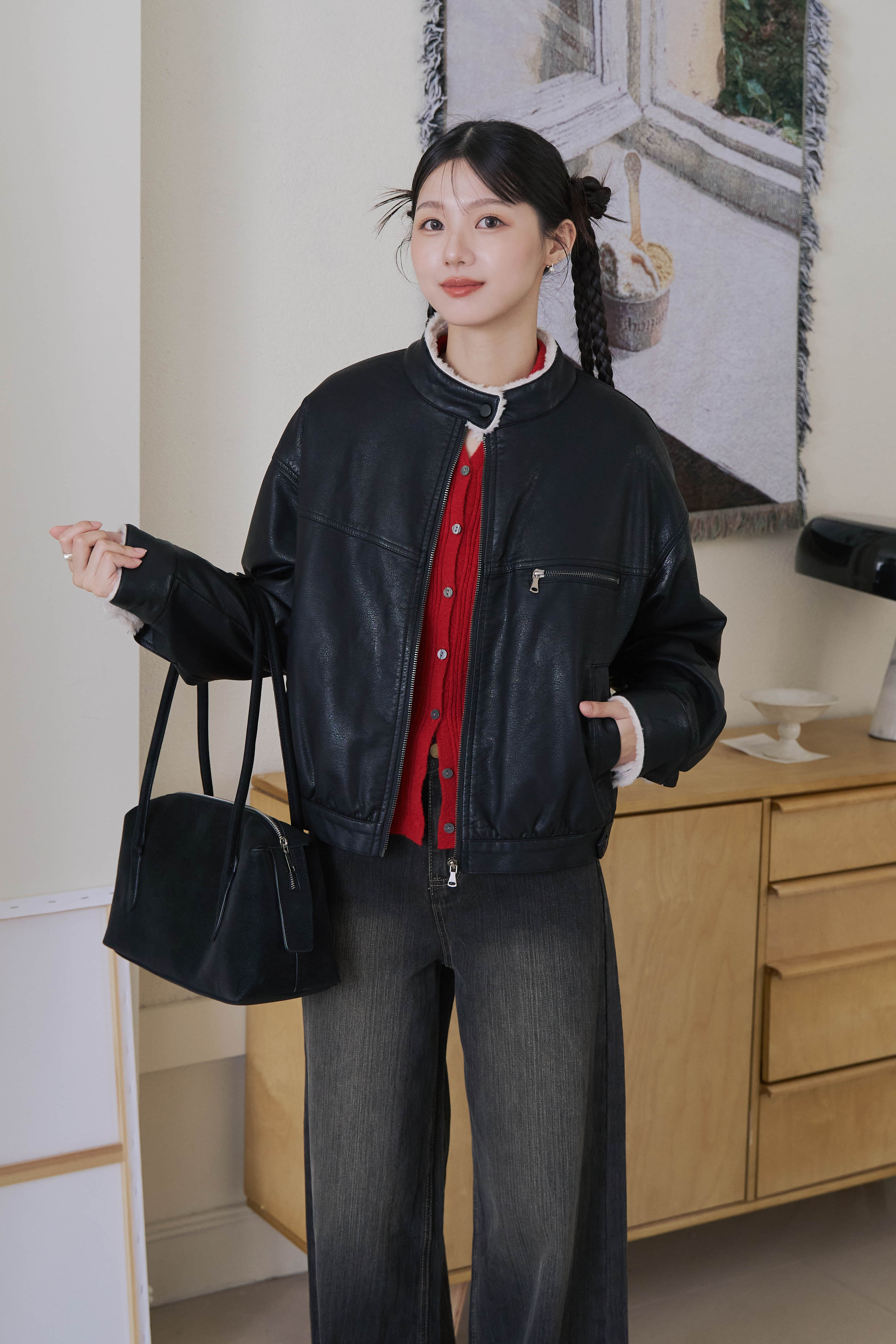 內刷絨立領皮革夾克