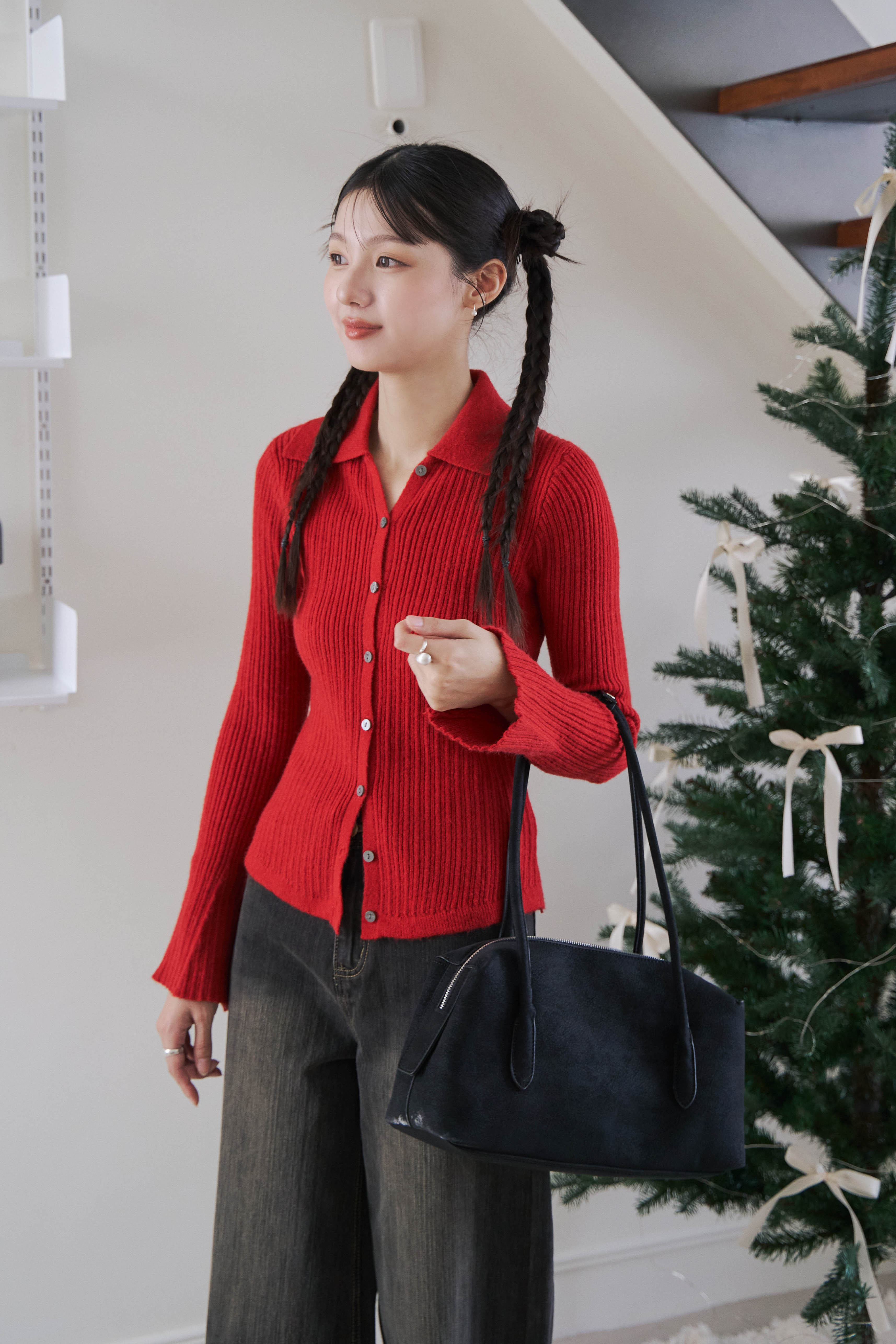 坑紋排釦翻領針織衣