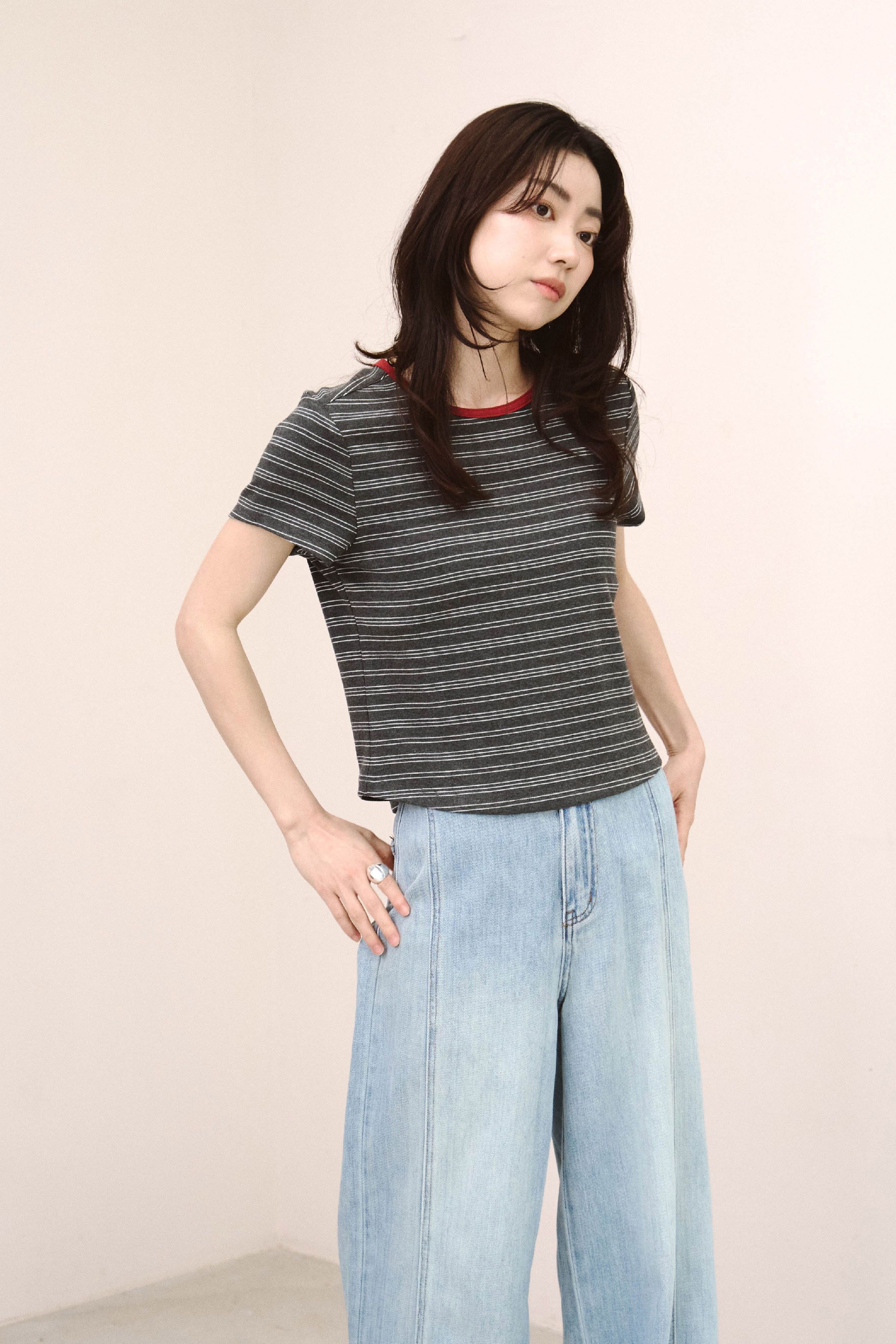 配色圓領條紋TEE