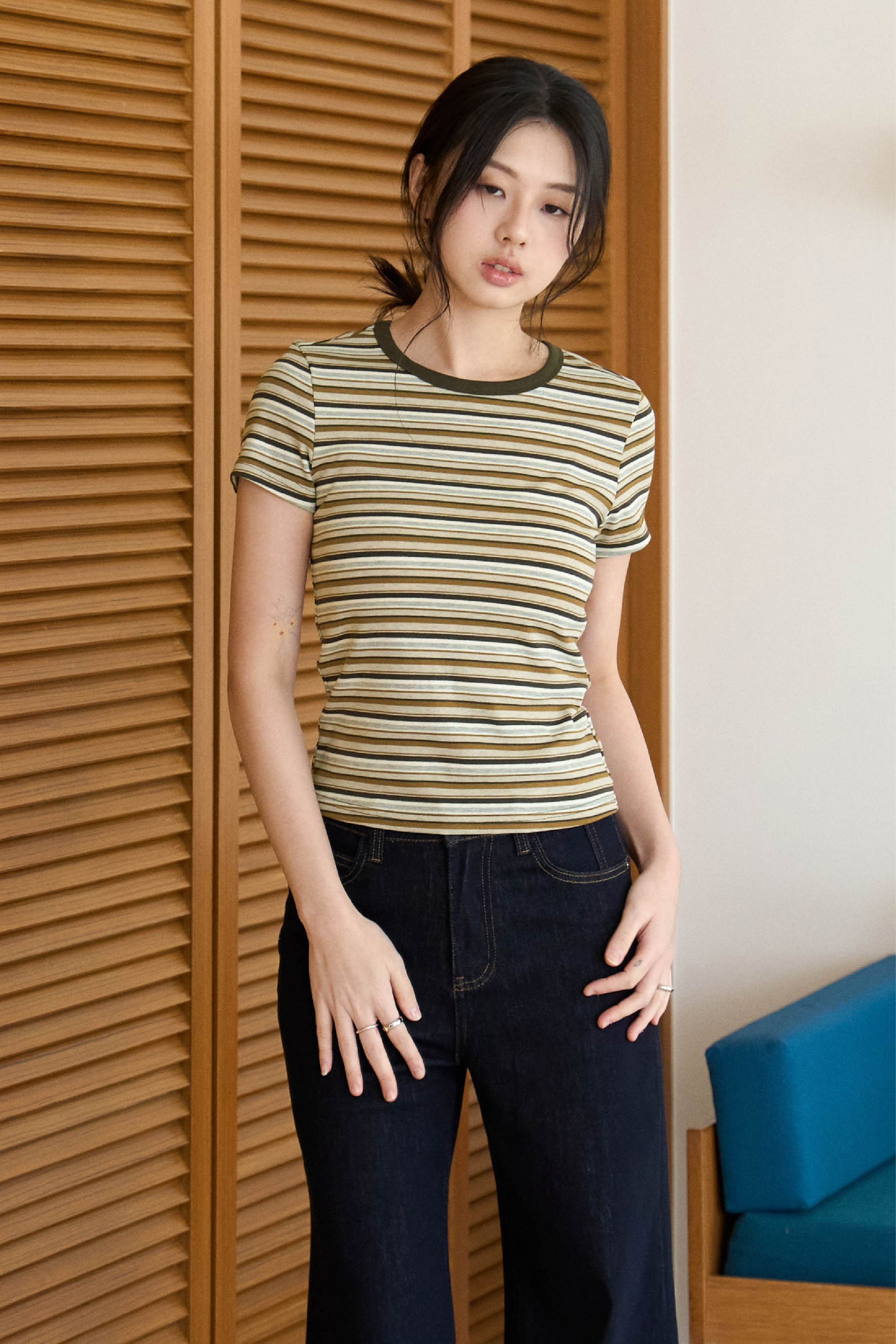 滾邊彩條厚棉TEE