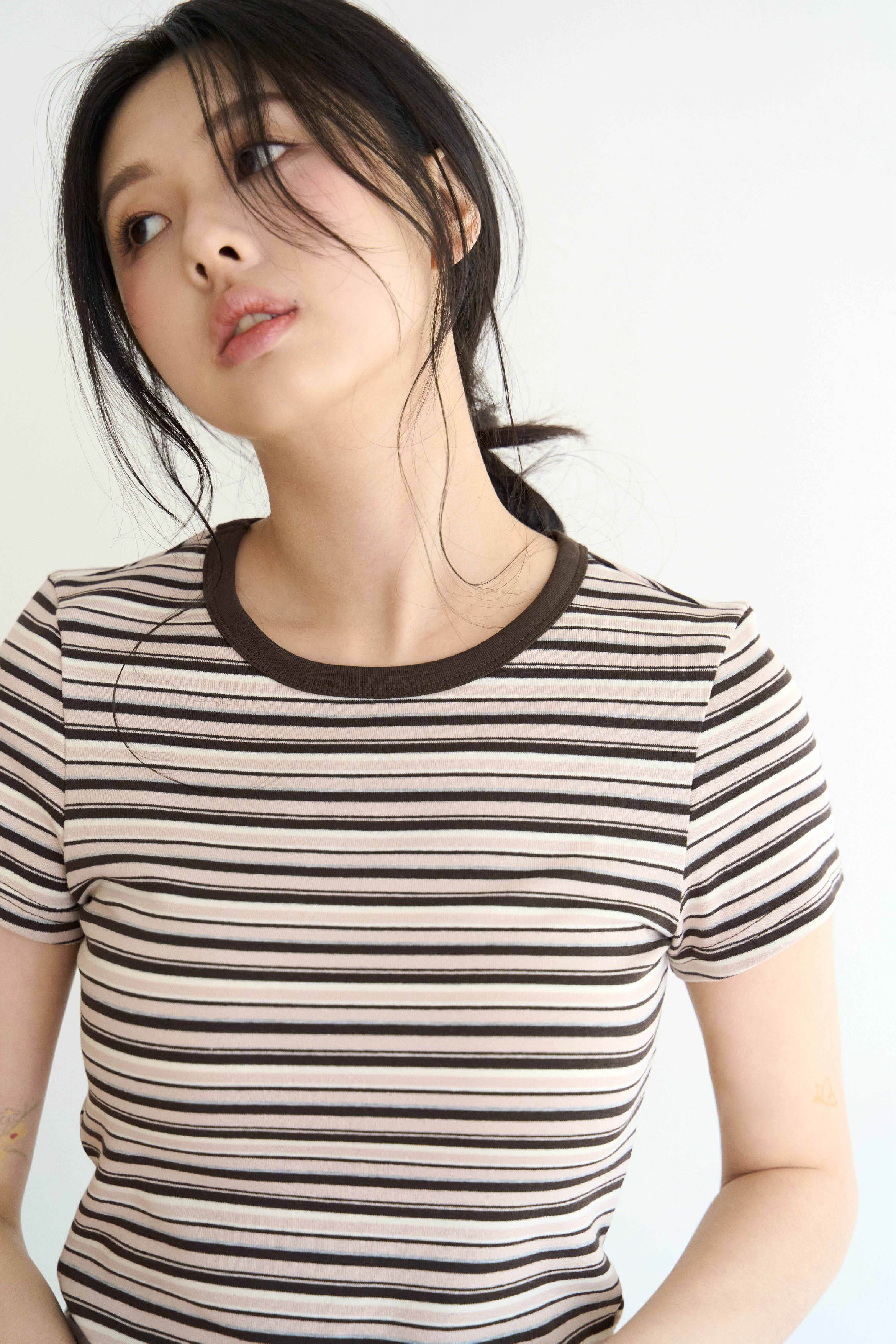 滾邊彩條厚棉TEE